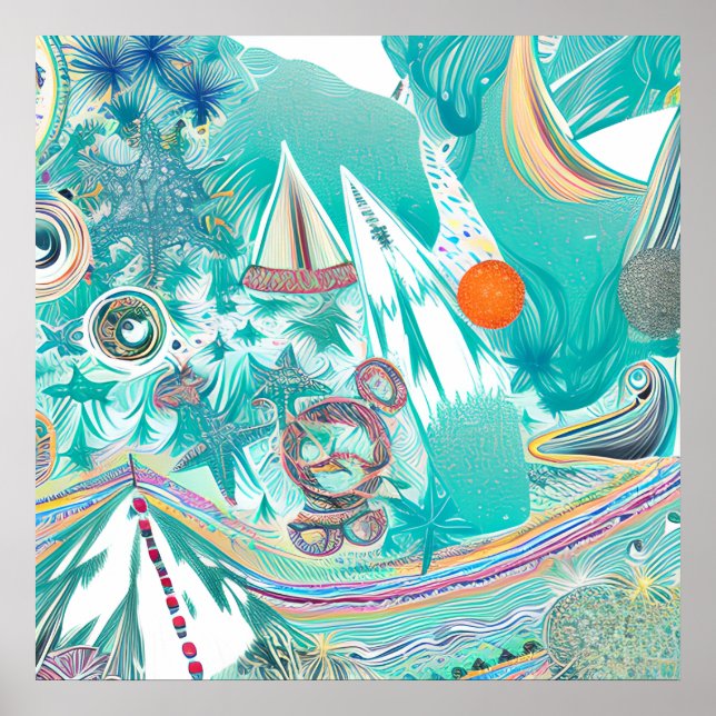 Affiche Bateaux à voile et Créatures marines Art Abstrait  (Devant)