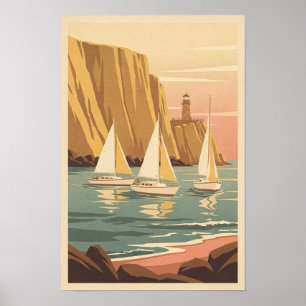 Affiche Bateaux à voile Golden Cove et phare Retro Travel
