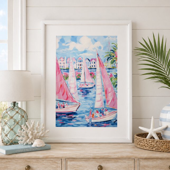 Affiche Bateaux à voile roses aquarelle mur côtier tropica (Créateur téléchargé)