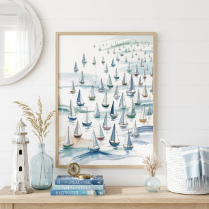 Affiche Bateaux à voiles à l'aquarelle en mer Art nautique