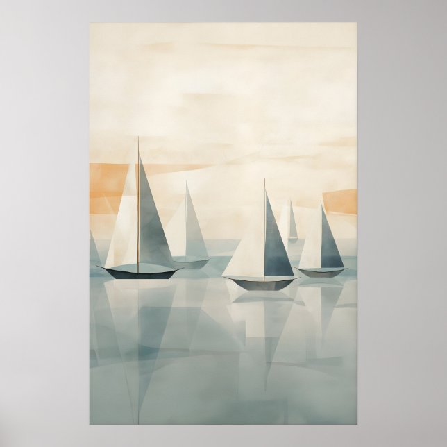 Affiche Bateaux Abstraits sur Mer Sérène - Art Nautique Mo (Devant)