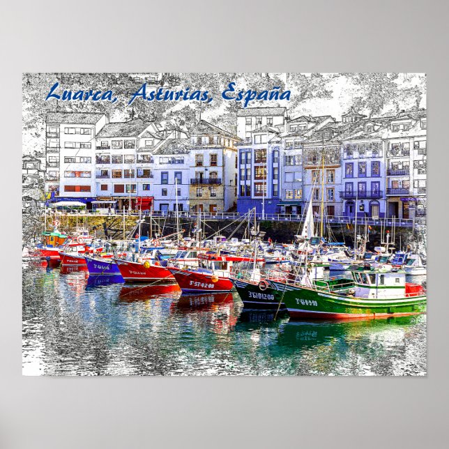 Affiche Bateaux de pêche colorés à Luarca, Asturies, Espag (Devant)