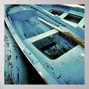 Affiche Bateaux de pêche en bois rustique peint en bleu