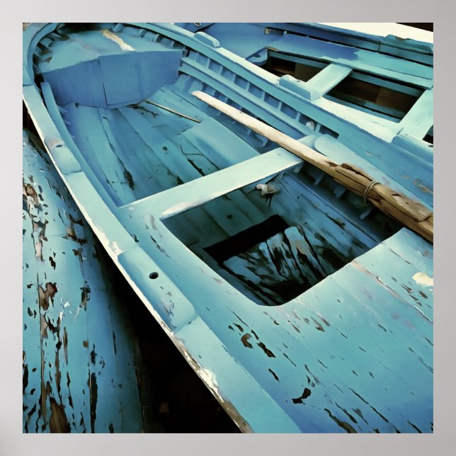Affiche Bateaux de pêche en bois rustique peint en bleu (Devant)