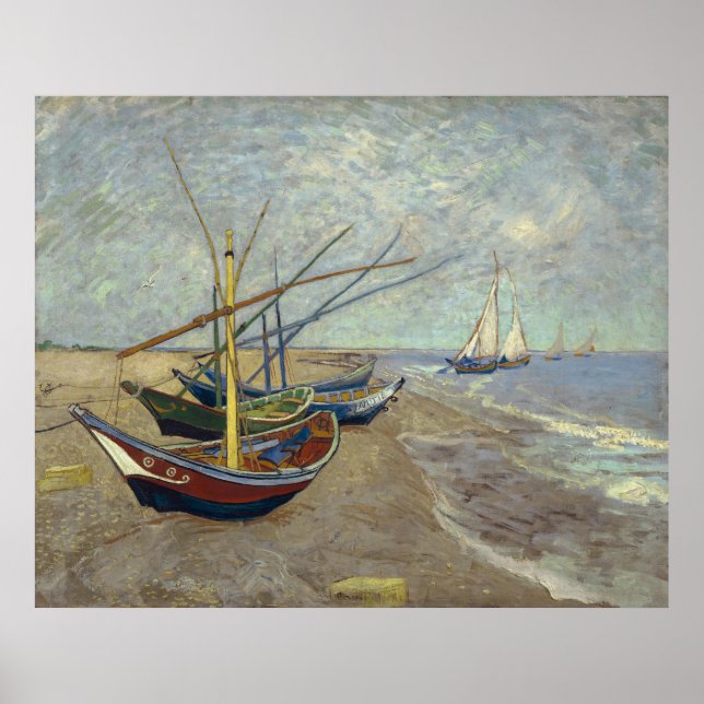 Affiche Bateaux de pêche sur la plage par Vincent Van Gogh (Devant)