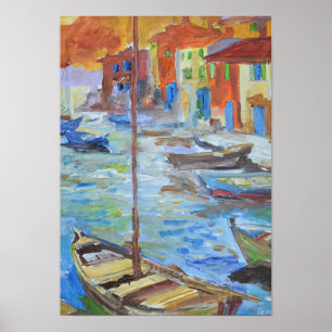 Affiche Bateaux de port méditerranéen impressionniste