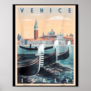 Affiche Bateaux Gondoles Rétro Avec La Skyline De Venise I