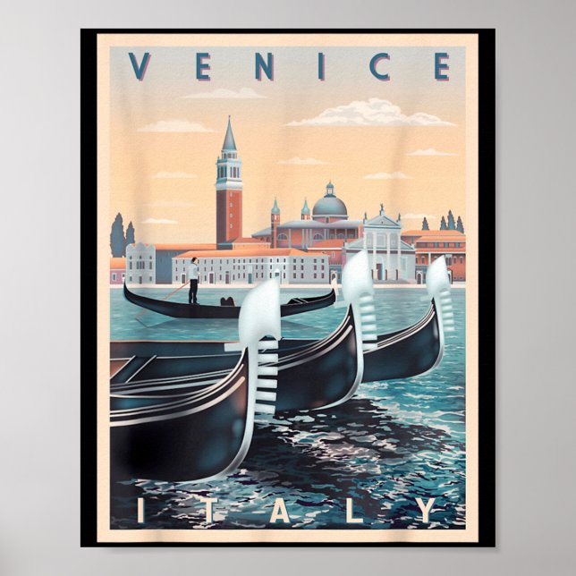 Affiche Bateaux Gondoles Rétro Avec La Skyline De Venise I (Devant)