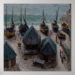 Affiche Bateaux sur la plage à Étretat