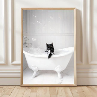 Affiche Bathroom Black Cat in Bathtub Print, Bathtub Wall 