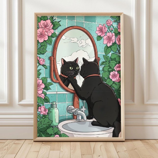 Affiche Bathroom Black Cat in Mirror Print, Funny Japanese (Créateur téléchargé)