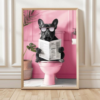 Affiche Bathroom Blue French Bulldog on Toilet Print, Funn