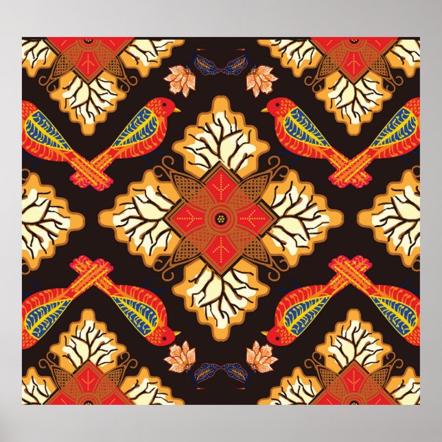 Affiche Batik indonésien : motif de la faune de la flore. (Devant)