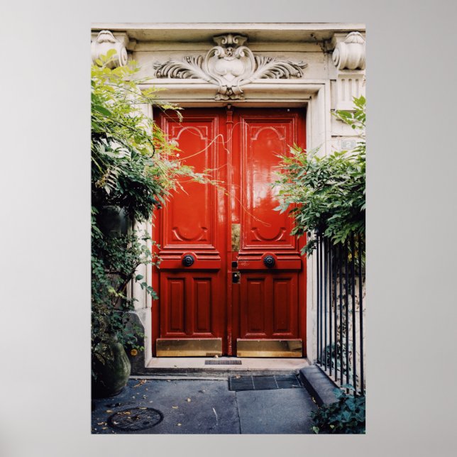 AFFICHE BÂTIMENT BLANC MONTRANT FERMÉ PORTE EN BOIS ROUGE (Devant)