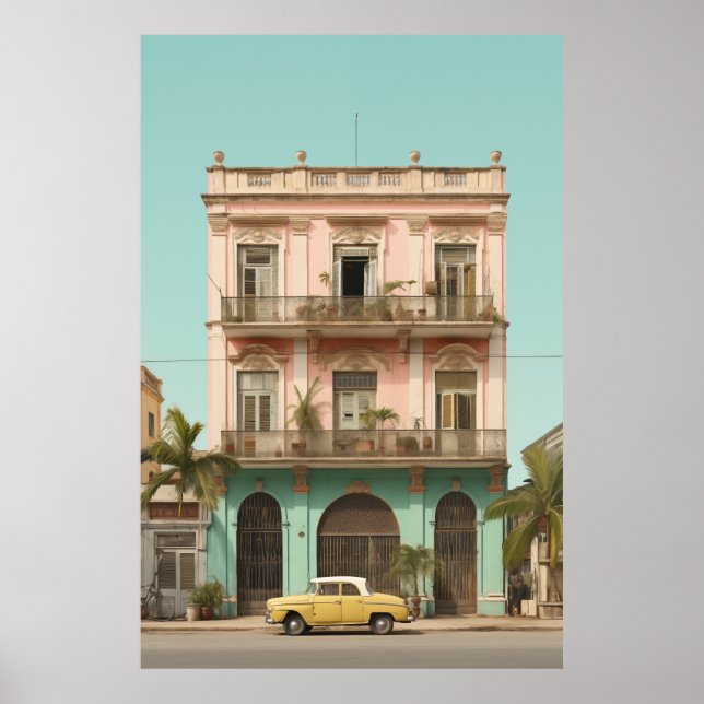 Affiche Bâtiment Colonial Voiture Jaune Havane Cuba (Devant)
