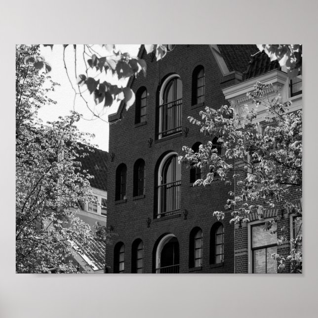 Affiche Bâtiment historique noir et blanc à Amsterdam (Devant)