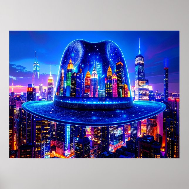 Affiche Bâtiments de la ville de New York la nuit sous un  (Devant)