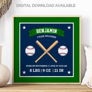 Affiche Bâtons et balles de baseball verts et bleus Statis