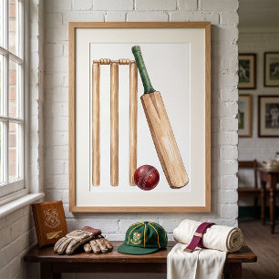Affiche Batte et balle de cricket à l'aquarelle classique