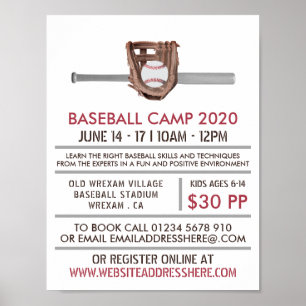 Affiche Batte et engrenage de baseball en argent, camp de 