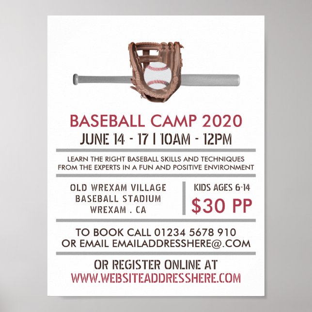 Affiche Batte et engrenage de baseball en argent, camp de  (Devant)