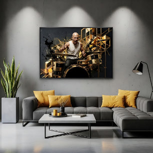 Affiche Batteur de Rock Intense Design Musical Or et Noir