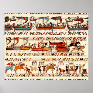 AFFICHE BAYEUX TAPESTRY 1066, CHEVALIERS NORMAUX, NAVIRES