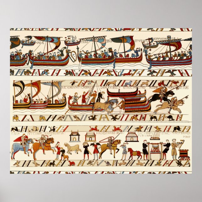 AFFICHE BAYEUX TAPESTRY 1066, CHEVALIERS NORMAUX, NAVIRES  (Devant)