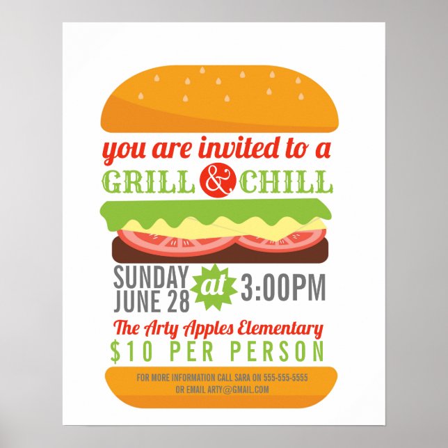 Affiche BBQ chill grill collecte de fonds école PTO PTA ca (Devant)