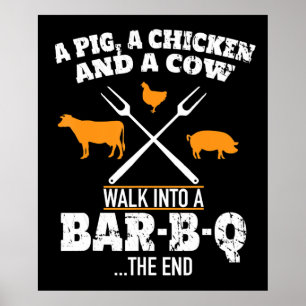 Affiche BBQ   Un Cochon Un Poulet Et Une Vache Un BBQ Drôl