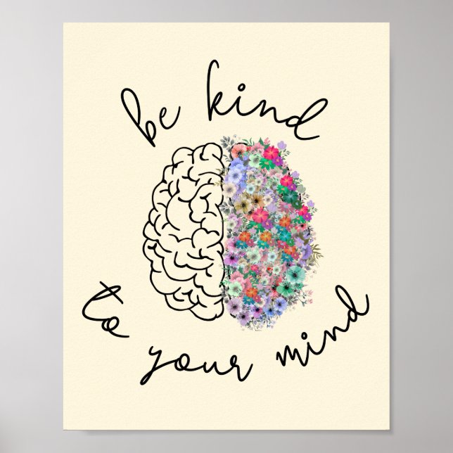 Affiche Be Kind To Your Mind Floral Brain Mental Health (Devant)