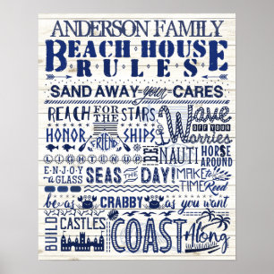 Affiche Beach House Rules Blue Coastal Famille personnalis