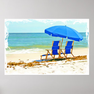 Affiche Beach, Umbrella and Chairs at the Shore