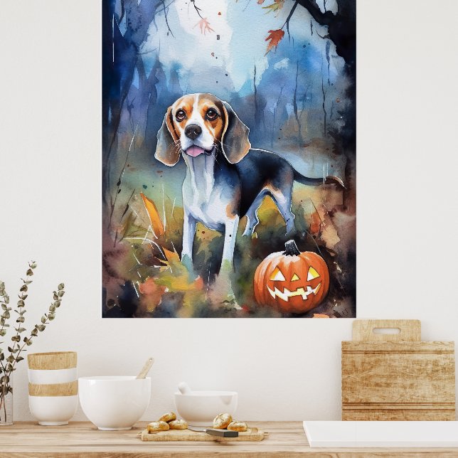 Affiche Beagle d'Halloween avec citrouilles effrayant (Cuisine)