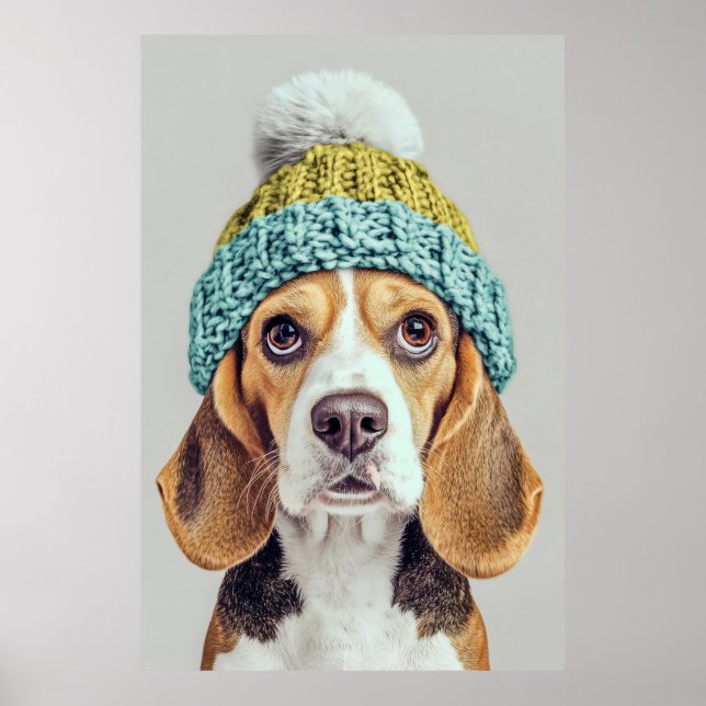 Affiche Beagle douillet dans un Casquette Knit d'hiver (Devant)
