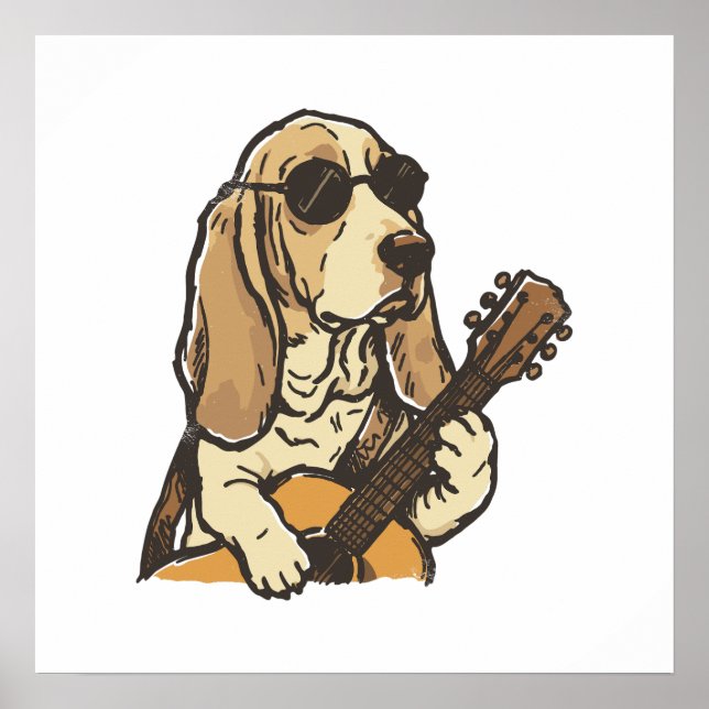 Affiche Beagle Hippie Jouant de la Guitare  (Devant)