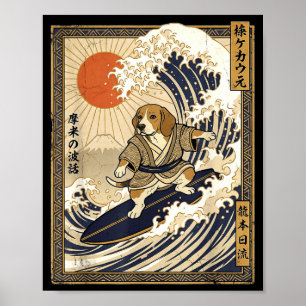 Affiche Beagle japonais surfant kanagawa vague drôle samou