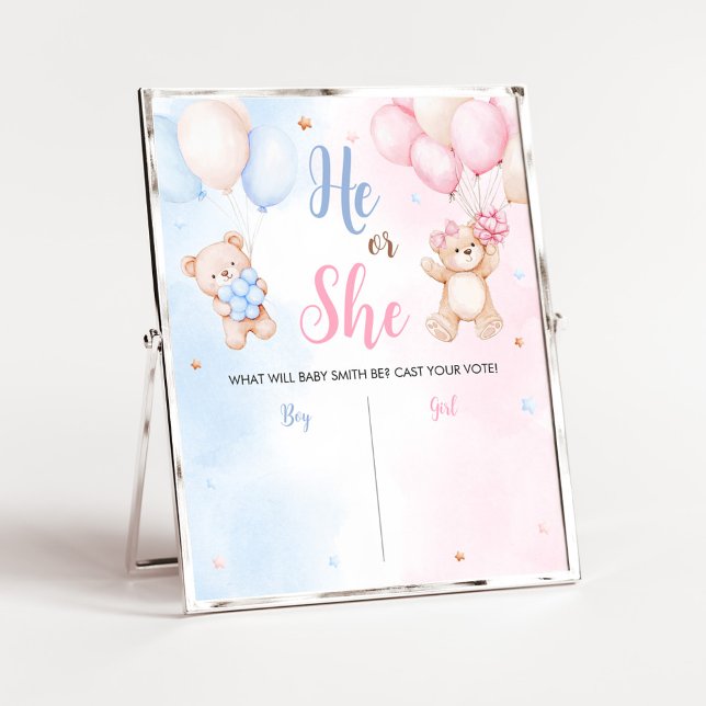 Affiche Bear Balloon Gender Reveal Sign (Bear Balloon He or She Gender Reveal Voting Sign)