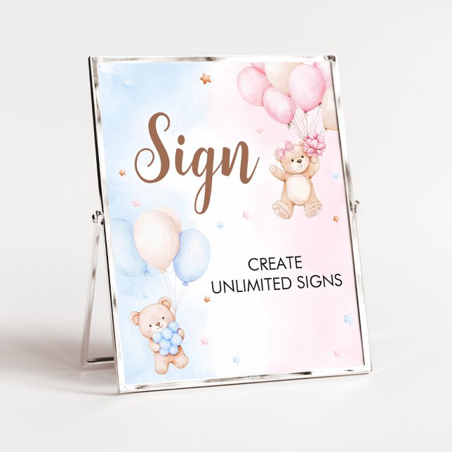 Affiche Bear Balloon Gender Reveal Sign (Bear Balloon He or She Gender Reveal Custom Sign)