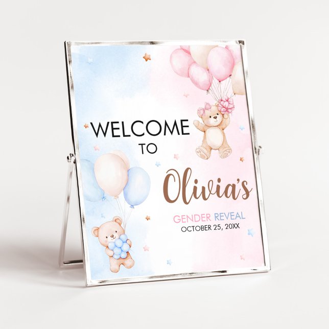 Affiche Bear Balloon Gender Reveal Welcome Sign (Bear Balloon He or She Gender Reveal Welcome Sign)