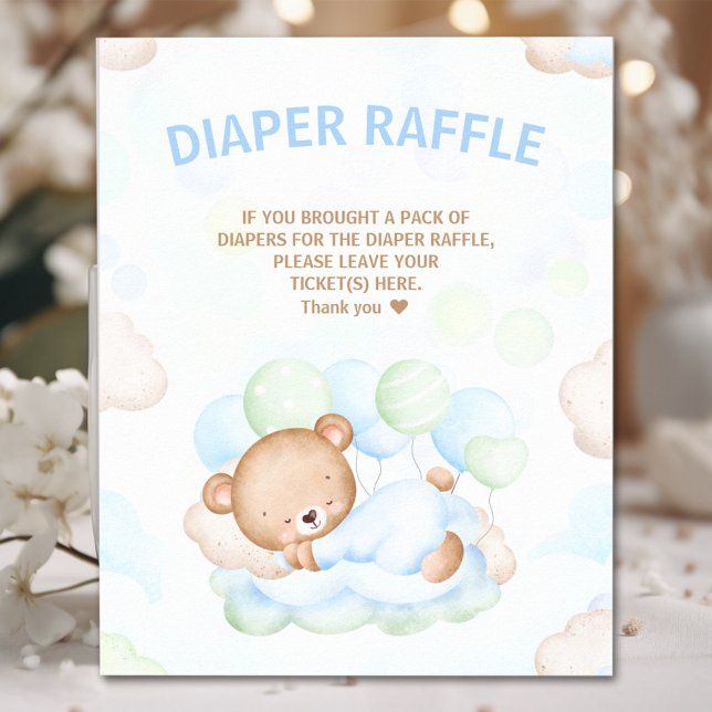 Affiche Bear Boy Baby shower Blue Green Diaper Raffle Sign (Bear Boy Baby Shower Blue Green Diaper Raffle Sign)
