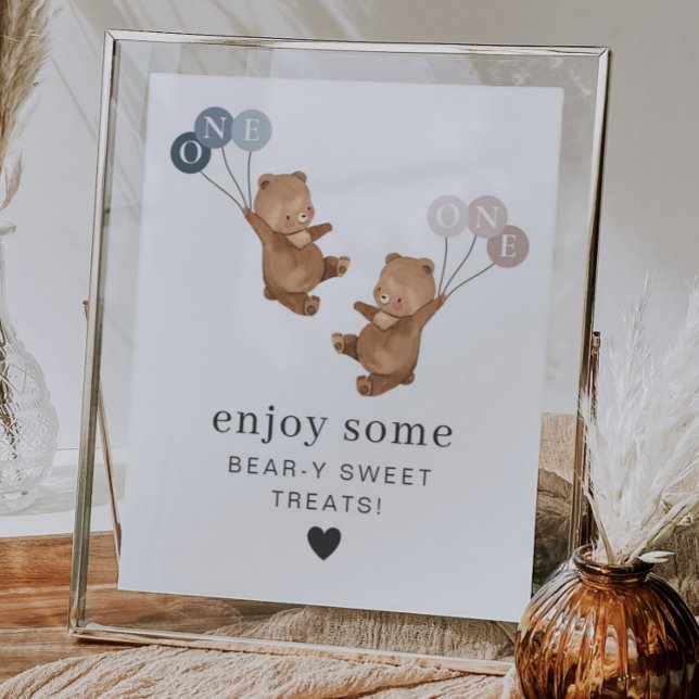 Affiche Bear Boy Girl Twins - 1er Anniversaire - Traitemen (Bear Boy Girl Twins - 1st Birthday - Treats Sign)