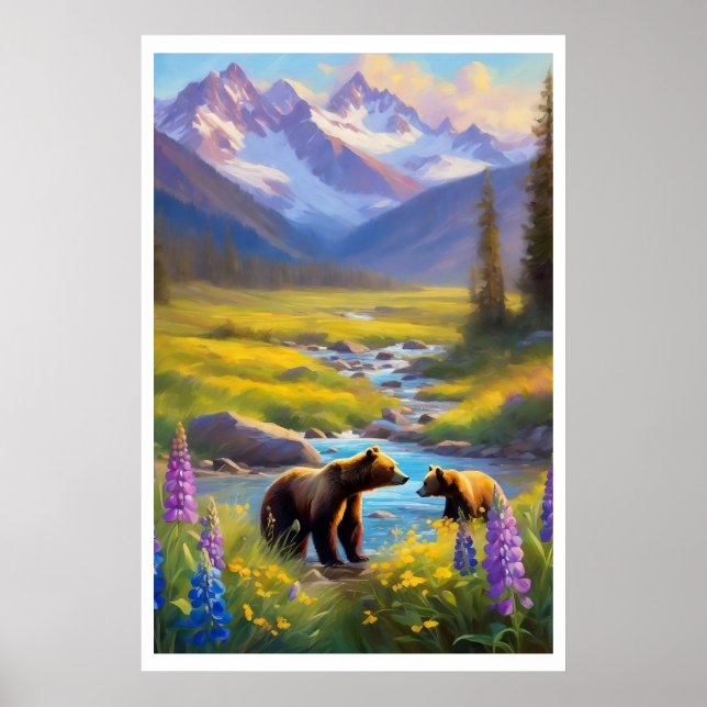 Affiche Bear Cub Snow Mountain Meadow Fleurs sauvages pein (Devant)