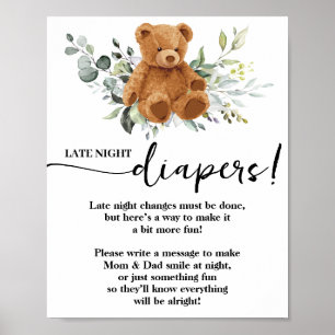 Affiche Bear Greenery Late Night Diapers Baby shower Jeu