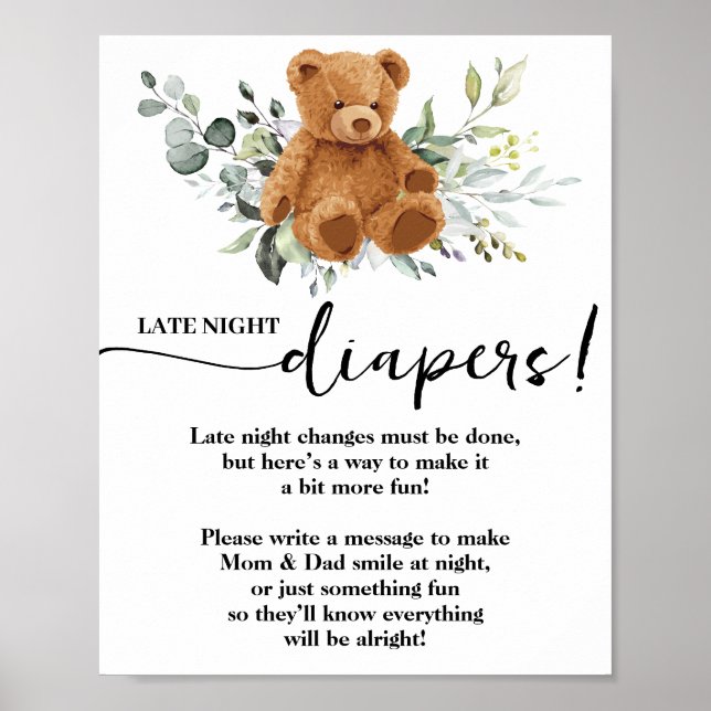 Affiche Bear Greenery Late Night Diapers Baby shower Jeu (Devant)