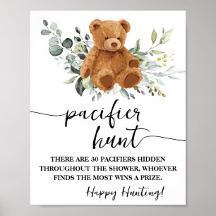 Affiche Bear Greenery Pacifier Chasse Baby shower Jeu
