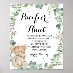 Affiche Bear Greenery Pacifier chasse Baby shower Jeu