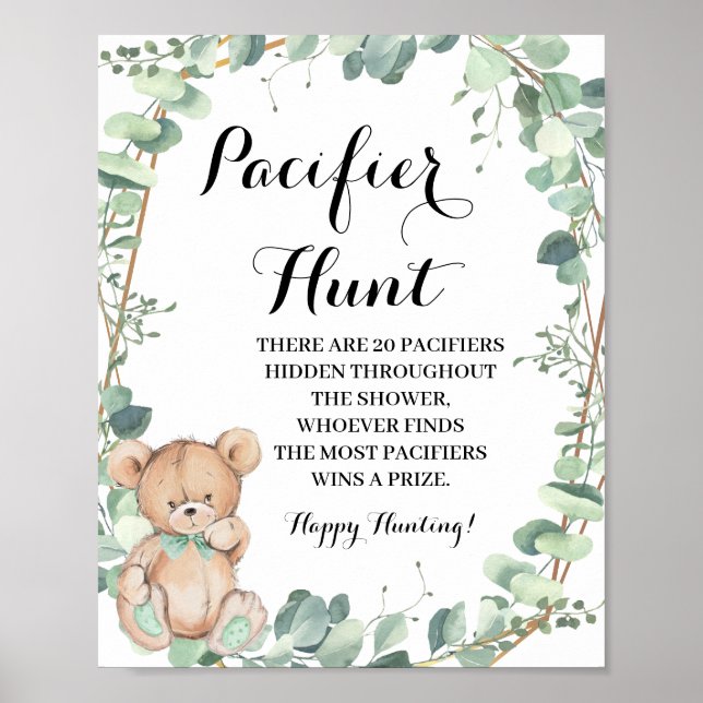 Affiche Bear Greenery Pacifier chasse Baby shower Jeu (Devant)