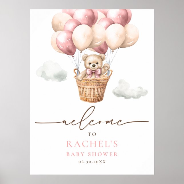 Affiche Bear Hot Air Balloon Girl Baby shower Bienvenue (Devant)