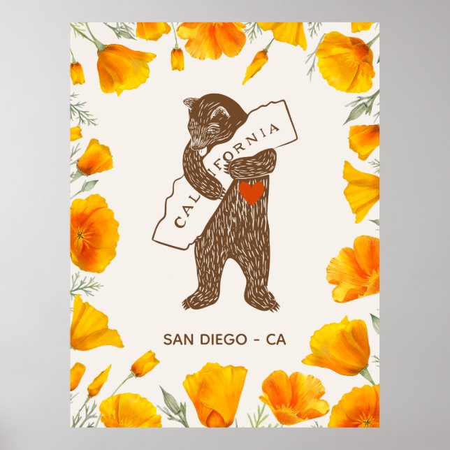 Affiche Bear Hugging California Map Poppies Custom (Devant)